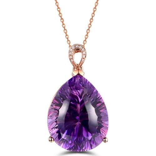 18k rose gold color Big amethyst gemstones crystal pendant necklace for women diamonds luxury bijoux jewelry party gift choker