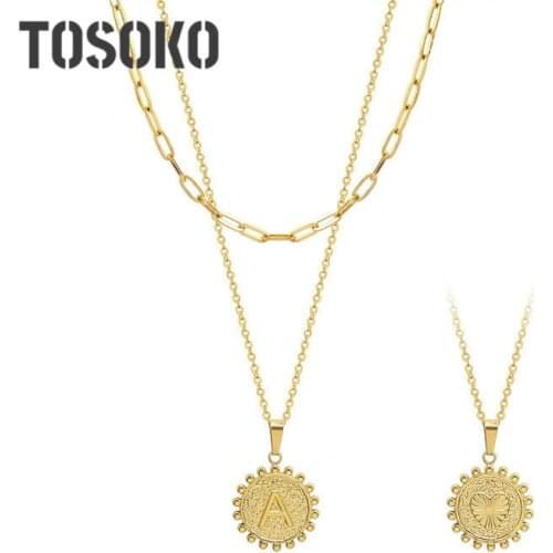 TOSOKO Stainless Steel Jewelry Letter Overlapping Necklace Pendant Clavicle Chain 18 K Gold Love Necklace Female BSP152