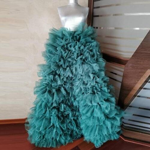 Retro Emerald Green Ruffles Tiered Bridal Tulle Skirts Puffy Tulle Women Skirts A-line Long Draped Mesh Maxi Skirt To Party