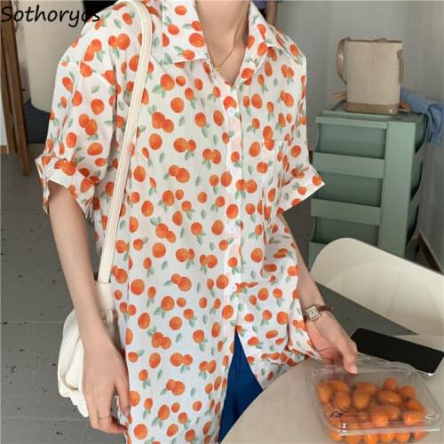 Women Short Sleeve Shirts Print Stylish Loose Casual Sweet Japan Style Student Harajuku Streetwear Blouses Single Breasted Retro