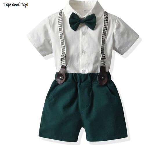 Top and top Fashion Toddler Kids Boys Gentleman Clothing Set Formal White Short Sleeve Shirts with Bowtie+Overalls Casual Suits