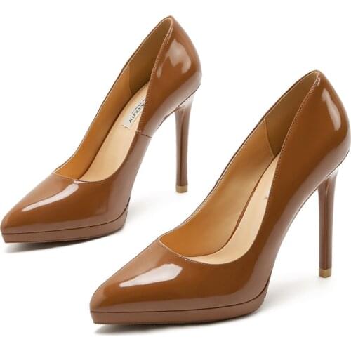 2019 Women Extreme 11cm High Heels Genuine Leather Pumps Female Lady Wedding Platform Red Black Pointed Toe Shoes E0002