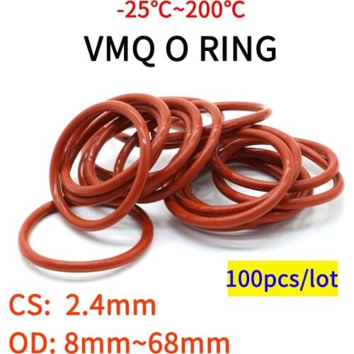 100pcs VMQ O Ring Seal Gasket Thickness CS 2.4mm OD 8 ~ 68mm Silicone Rubber Insulated Waterproof Washer Round Shape Nontoxi Red