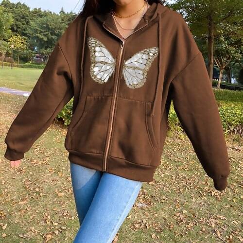 Vintage Butterfly Hoodie Y2k Jacket Cotton Sweatshirts 90s Aesthetic Zip Up Long Sleeve Shirt Pocket Baggy Grunge Punk Hoodies
