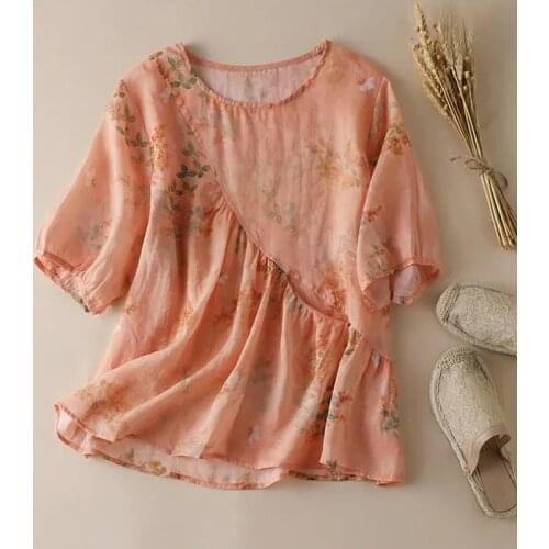 Summer 2021 New Women Lantern Short Sleeve Flower Pritned Pattern Linen Top Blouse , Woman Folds Floral Blouses and Tops