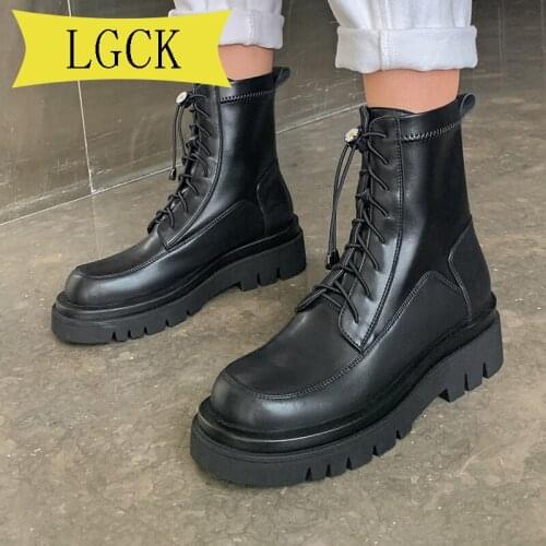 Plus Size 34-40 Ankle Boots Women Genuine Cow Leather Lace-Up Round Toe Lady Booties Autumn Winter Platform Sole Shoes Handmade