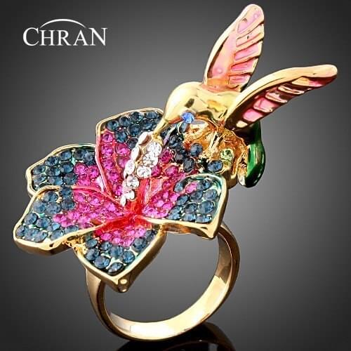 CHRAN Fashion Animal Design Enamel Bird Wedding Rings for Women Promotion Gold Color Flower Shape Crystal Promised Ring