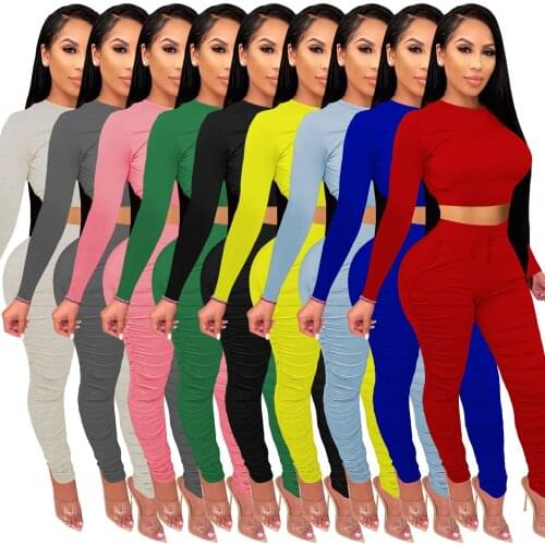 Women Solid Fitness Two-piece Set Long-sleeved Round Neck Skinny Open Navel Tops High Waist Lace-up Casual Pleated Pants 2pc Set