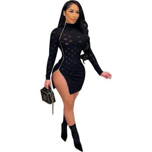 Sexy Hollow Out High Split Zipper Mini Women Dress 2021 Elegant Turtleneck Long Sleeve Bodycon Club Party Dress Robe Femme
