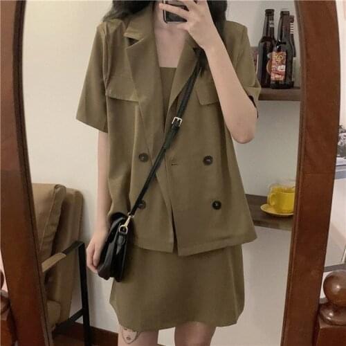 Vintage Temperament Summer Dress Sets Women Double Breasted Thin Blazer Spaghetti Strap Mini Dresses OL Slim Streetwear 2pcs New