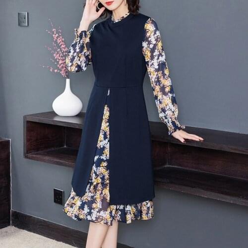 2021 Vintage Korean Casual 2XL Plus Size Dress Fall Winter Floral Fake Two Piece Midi Dress Women Elegant Bodycon Party Vestidos