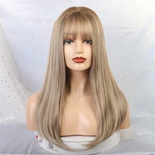 22 Inches Long Straight Soft Synthetic Wig with Flat Air Bangs for Women Girls, Wig Cap Included (Light Blonde)