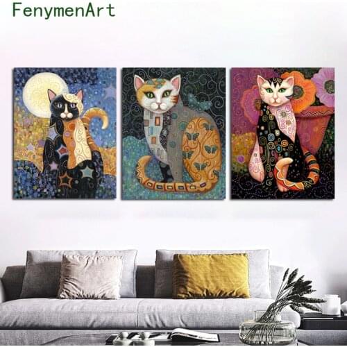 Canvas Painting Abstract Colorful Cat Poster Print Modern Wall Art Picture Gustav Klimt Oil Painting Living Room Home Decoration