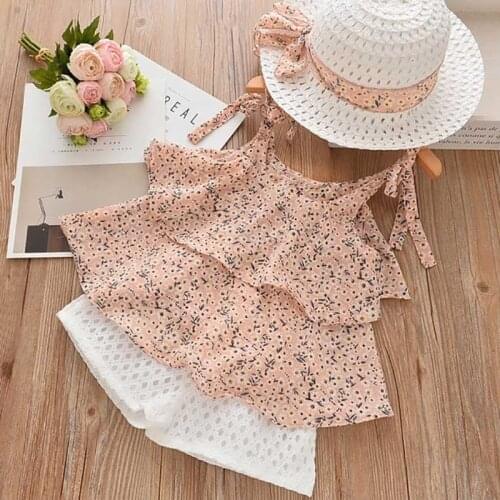 Girls Clothing Set 2020 Summer Kids Clothes Floral Chiffon Halter+Embroidered Shorts Straw Children Clothing Kids Clothes Girls