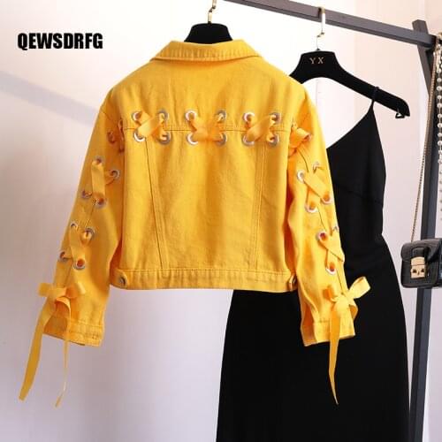 New Autumn Harajuku Turn Collar Short Denim Jacket Loose Women Jeans Coat Female Bomber Jacket Feminina Oversize Lace Up Bowknot