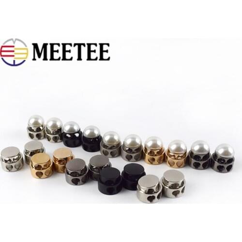 Meetee 10pcs Metal Pearl Double Hole Stopper Buckles Spring Elastic Adjustment Cord Lock DIY Hat Cord End Decor Button DS010