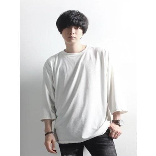 Mens round collar solid color long sleeve T-shirt Loose basic spring autumn seven-point sleeve round collar thin T-shirt