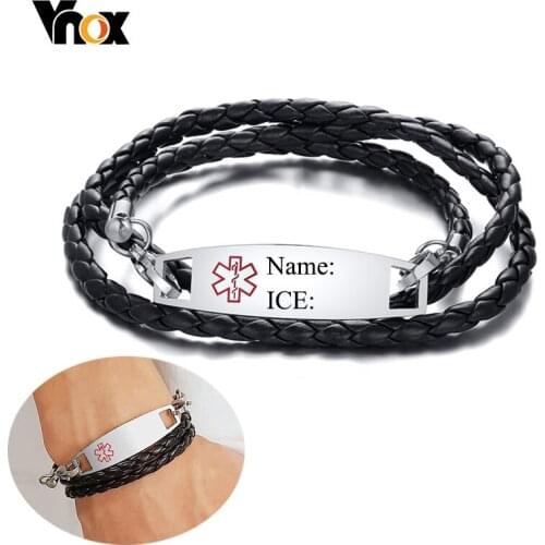 Vnox Black Stainless Steel Leather Medical Alert ID Bracelets for Men Free Custom Engraving SOS Reminder Jewelry