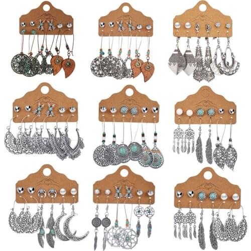 Vintage Big Round Multicolor Beaded Earrings Set for Woman Ethnic Boho Tassel Feather Long Dreamcatcher Drop Earrings Jewelry