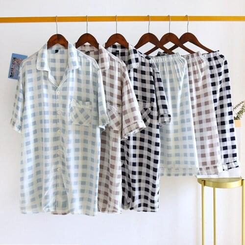 Summer New Product Cotton Check Mens Short-sleeved Shorts Pajamas Set Fresh and Simple Mens Comfortable Ensembles Homme Pyjama