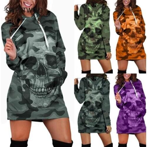 Clothes 2021 New Fashion Women Dress Long Sleeve Casual Hooded Camouflag Skull Print Mini Dress Daily Winter Dress