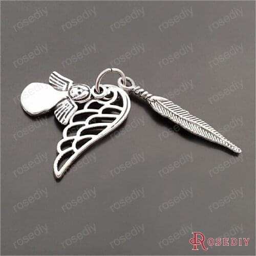 Wholesale Max Height 32mm Antique Silver color Angel feather Wing Alloy Pendants Sets Diy Jewelry Findings 10 Sets(JM7656)