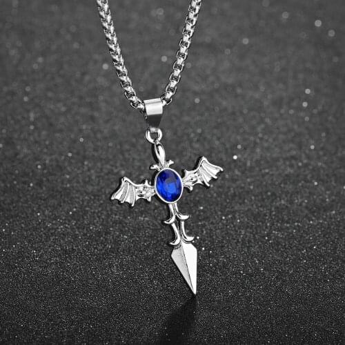 Punk Rock Jewelry Blue Zircon Arrow Cross Pendant Necklace Charm Stainless Steel Motorcycle Viper Biker Necklaces Long Chain