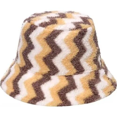 Winter Warm Stripe Print Bucket Hat Fashion Faux Fur Outdoor Soft Fur Panama Women Windproof Fisherman Cap Wide Brim Hats Female