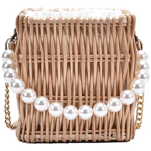 Handmade Woven Straw Crossbody Bags for Women Summer Rattan Hand Bags Tote Ladies Pearl Shoulder Bag Beach Totes