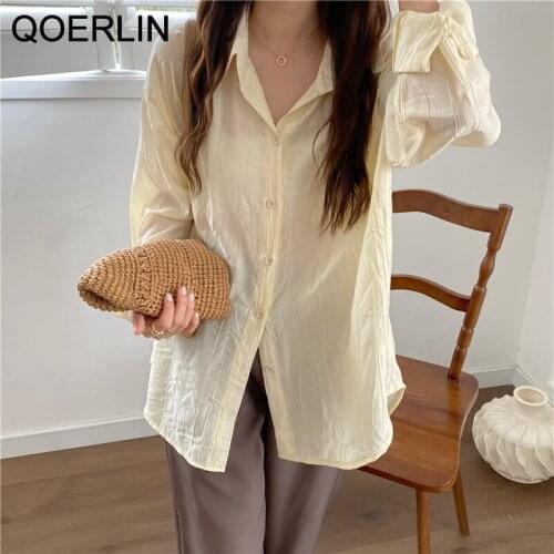 QOERLIN Chic Streetwear Tops Shirts Elegant Korean Loose Long Sleeve Shirt Sunscreen Shirt Basic Pleated Cardigan Blouse White