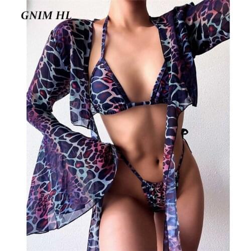 Sexy Thong Bikini Mujer 2021 Long Sleeve Swimsuit Women Three Pieces Bandage Triangle Swimwear Beach Wear Cover Up Bather Suit