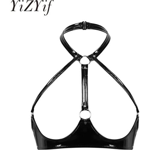 YiZTiF Womens Sexy Bra Wet Look Patent Leather Bra Halter Backless Open Bra Wire-free Bra Nightclub Sexy Erotic Open Nipple Bra