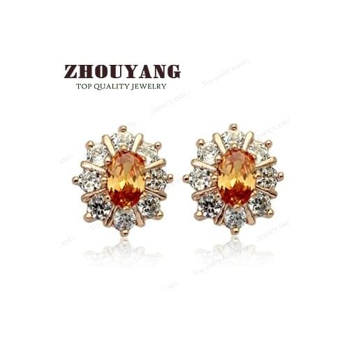 ZHOUYANG ZYE019 Orange Sunflower Rose Gold Color Stud Earrings Genuine Austrian Crystal