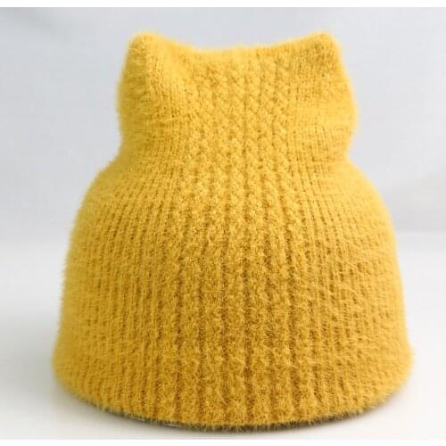 Shiny Gold Thread Wool Blend Women Winter Hats Cute Ears Beanie 2 Layer Thick Knitted Skull Cap Warmly