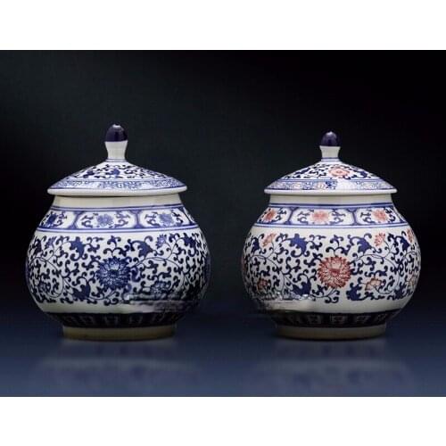Blue White Porcelain Food Tea Storage Tank Flower Vine Ceramic Storage Jar with Lid Coffee Bean Tea Cans Food Container Porcelai