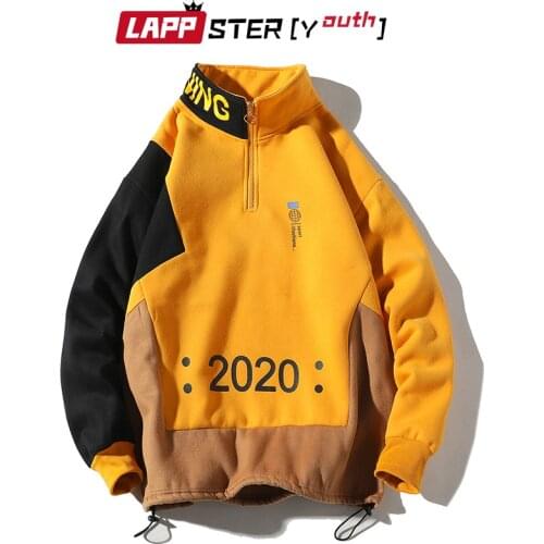 LAPPSTER Men Patchwork Hoodies 2020 Autumn Winter Pullover Man Letter Print Hip Hop Sweatshirts Yellow Korean Streetwear Hoodies