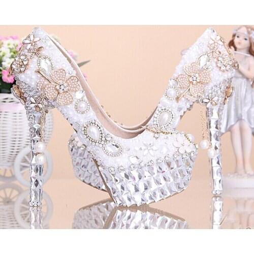 Fashion Special Occasion Shoes Genuine Leather Evening Party Prom High Heels Birthday Party Shoes White Pearl Wedding Shoes