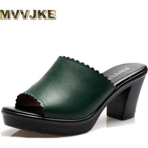 MVVJKE Women Slippers 2021 Ladies Summer Slippers Genuine Leather Shoes Women High Heels Fashion Summer Shoes