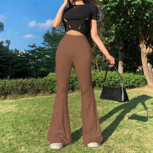 2021 Women Fashion Close-fitting Flared Pants Casual Solid Color Elastic High Waist Trousers White/ Brown