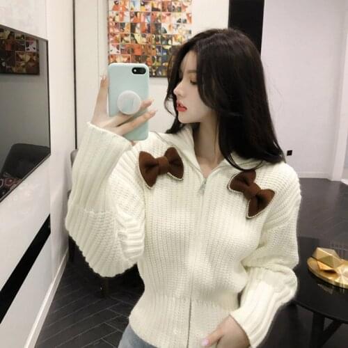 Zipper Women Cardigan 2021 Spring New Sweater Coat High Fashion White Cardigan Female Lapel Bows Appliques Knitted Jacket