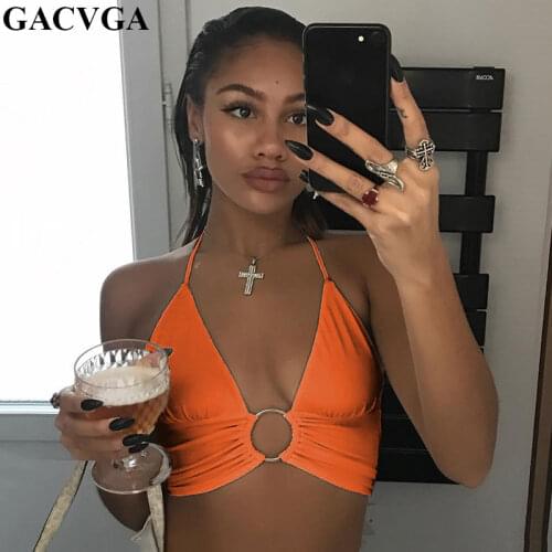 GACVGA Neon Sexy Halter Crop Top Women Camis Metal Ring Lace Up Backless Bralette 2019 Party Club Off Shoulder Tops Summer