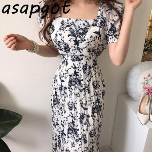 Elegant Gentle Chic Korean Vintage Slim Lace Up Waist Puff Short Sleeve Square Neck Ink Printing Dress Women Pleated Summer