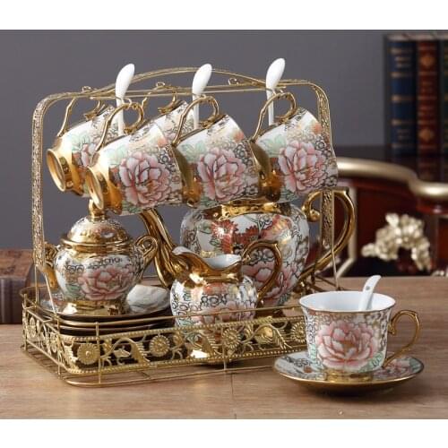 16PCS European Luxury Ceramic Coffee Pot Spoon Ornament Home Furnishing Decoration Crafts Tea Drink Cup Figurine Wedding Gift