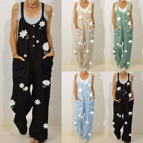 2020 Women Sleeveless Floral Print Pockets Buttons Jumpsuit Bib Overall Dungarees Womens Clothing боди с длинным рукавом