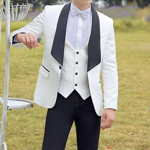 2021 Mens Casual Business Wedding Suits Coat Vest Pants / Male Big Black Collar Dark Pattern Blazers Jacket Trousers 3 Pcs Set