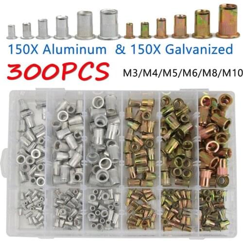 300pcs M3 M4 M5 M6 M8 M10 Rivet Nuts Set Zinc Plated Nutserts Threaded Insert Nutsert Cap Flat Head Rivet Nuts Carbon Steel