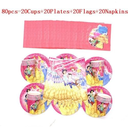 50Pcs/80Pcs Disposable Tableware Sets Cup Plate Flag Snow White princesses Baby Shower Kid Birthday Banners Decoration Supplies