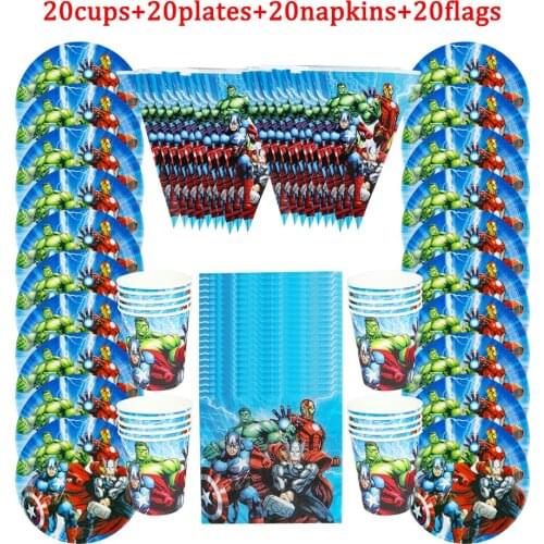 80pcs Cartoon The Avengers Theme Disposable Tableware kids Birthday Party Paper Cups +Plates+Napkins+Flags Sets Party Supplies