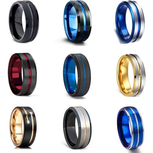 9 Styles Personalized 8MM Black Ring Engraving Red Blue for His and Hers Wedding Bands Promise Engagement Jewelry Size 6-13
