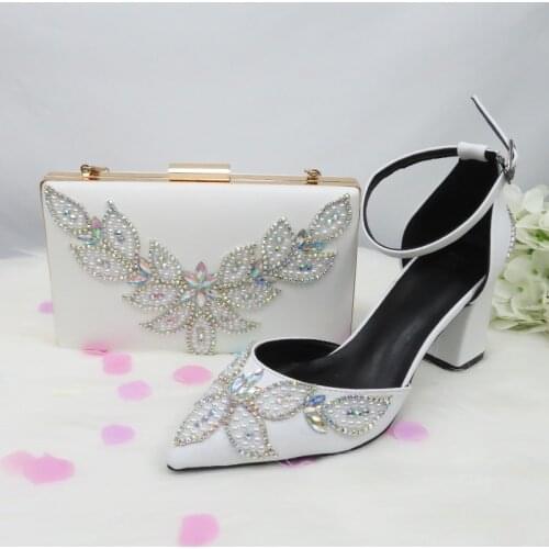 BaoYaFang White Beads Pearl wedding shoes Bride Pointed Toe Square Thick High Heel Party dress shoes and bag set Ankle Strap